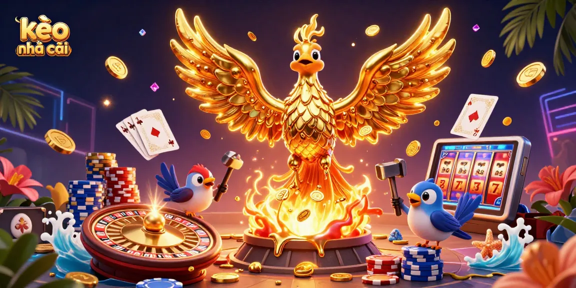 Experience the excitement of kèo nhà cái with 3D cartoon golden phoenix and casino elements in a vibrant illustration.