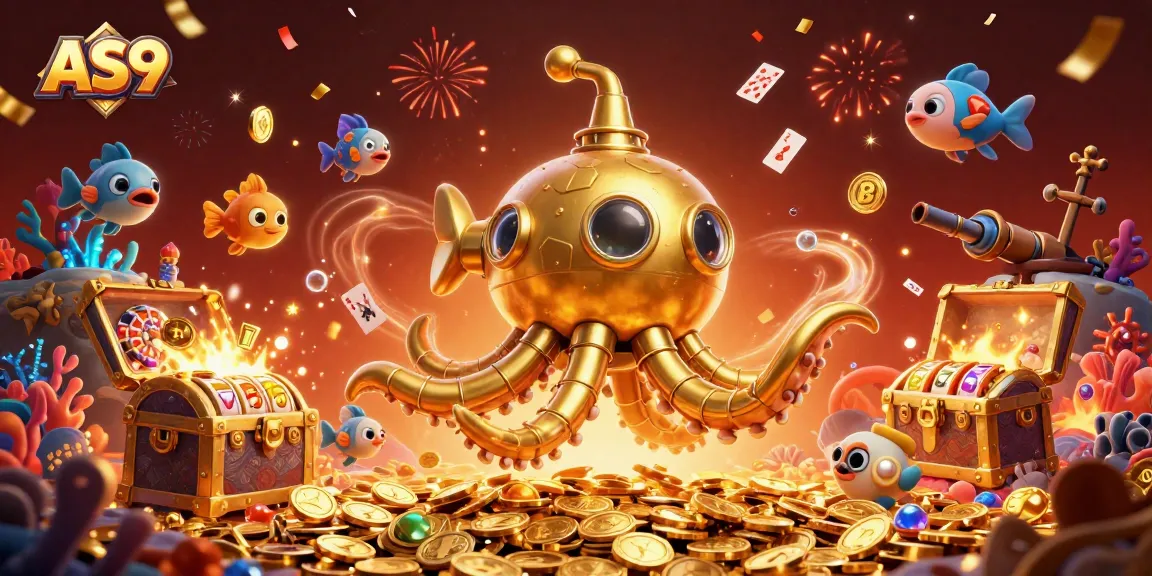 Engage with the AS9 golden kraken submarine amidst golden coins, slot reels, and vibrant underwater elements
