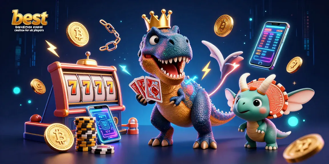 Engage with the best credit card casinos for uk players featuring a T-Rex shuffling cards and colorful slot machine elements.