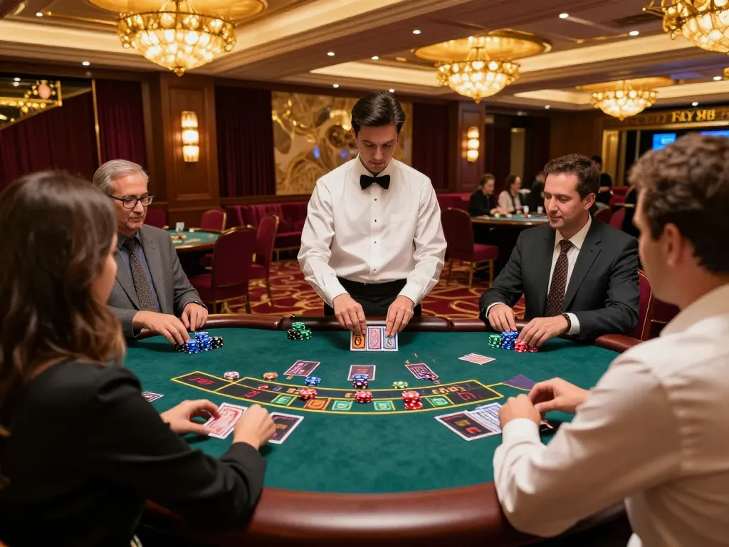 Players engaging in a thrilling blackjack game at FLY 88 casino with vibrant chips and warm lighting.