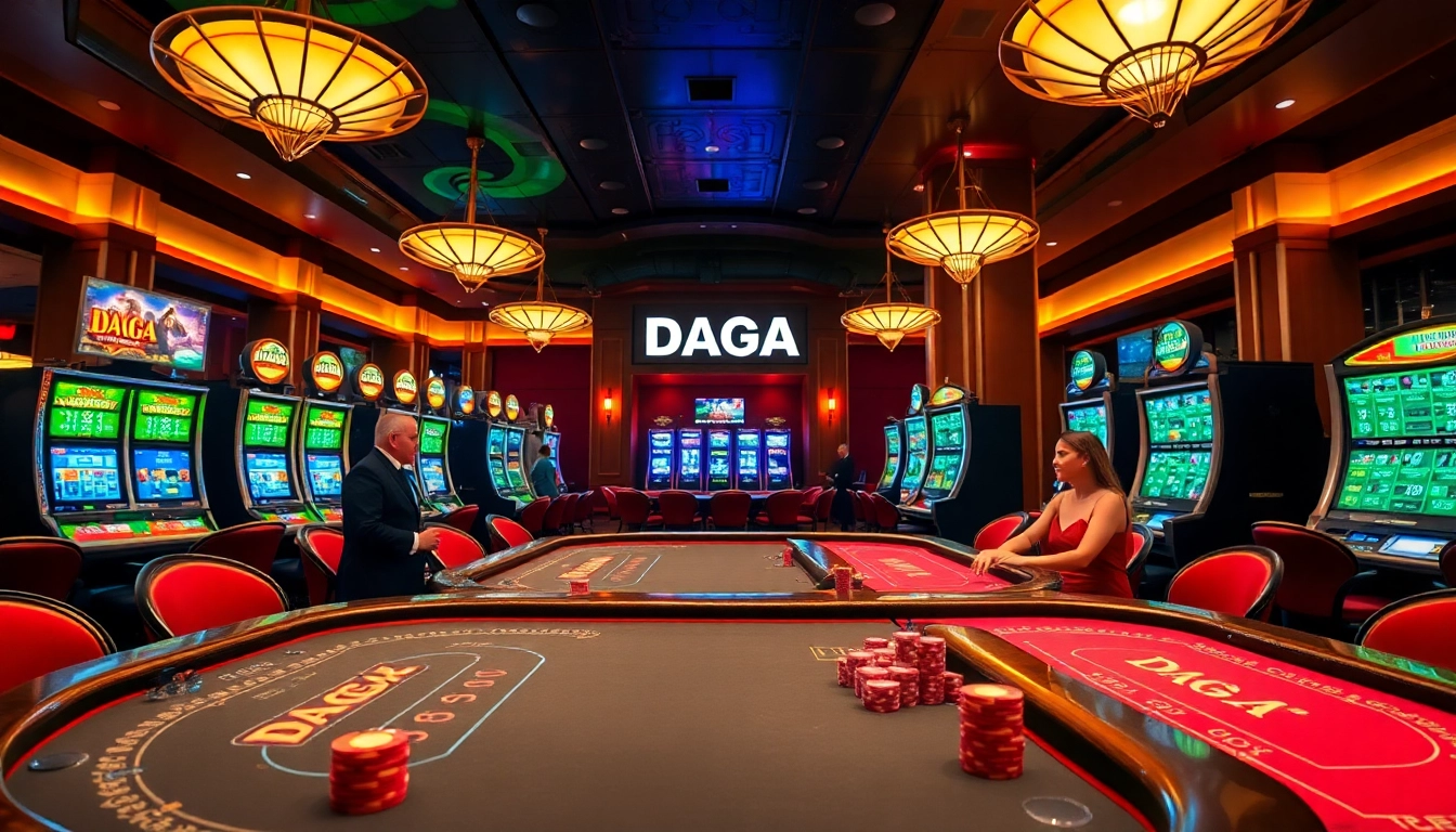 DAGA casino environment featuring vibrant tables, chips, and slot machines in an exciting atmosphere.