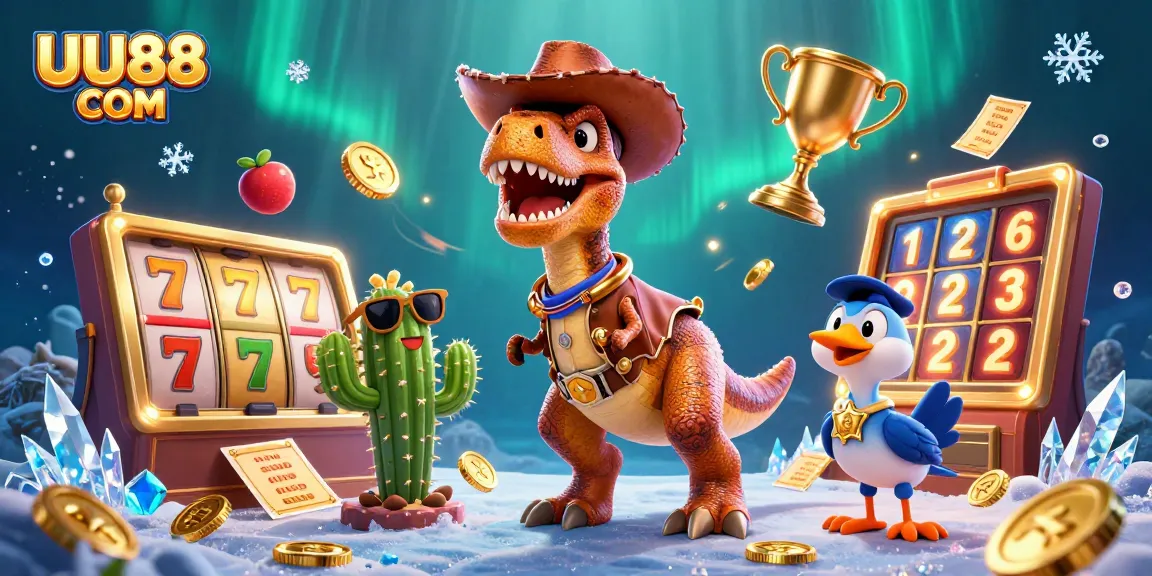 Join the gaming adventure at UU88 COM with a dynamic 3D casino illustration showcasing vibrant slot gaming elements.