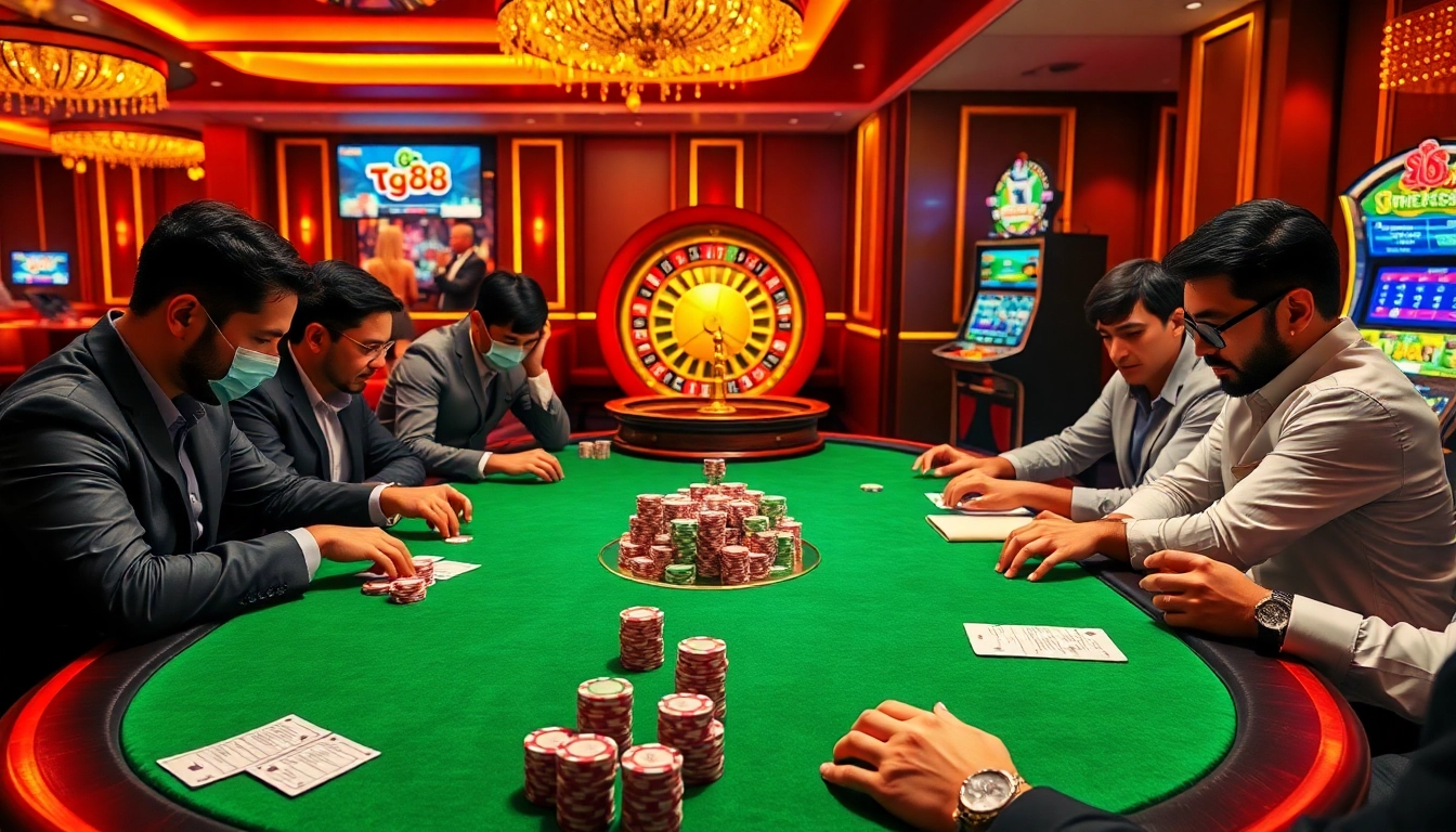 Exciting casino atmosphere featuring tg88-themed poker and roulette gaming elements.