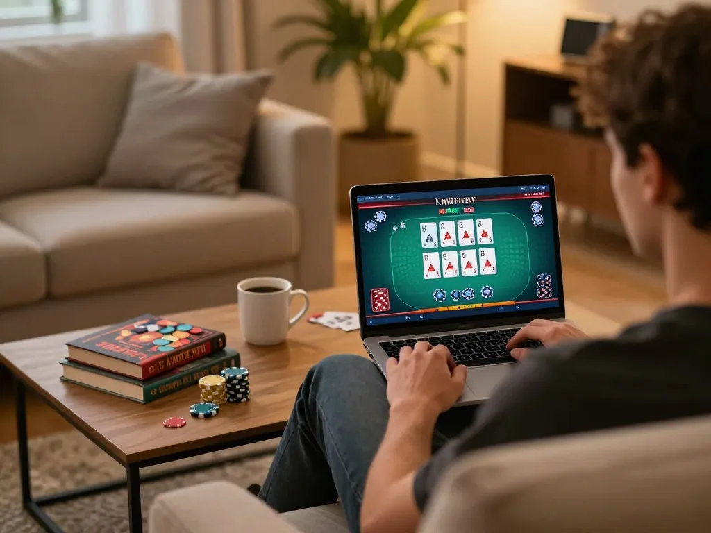 Engaging online gaming session at home with ONE88 poker game displayed.