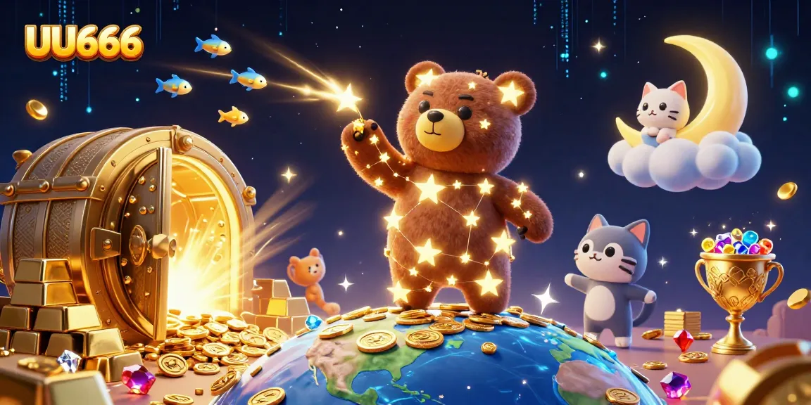 UU666 celebrates with a constellation bear scooping up treasure in a vibrant 3D casino landscape.