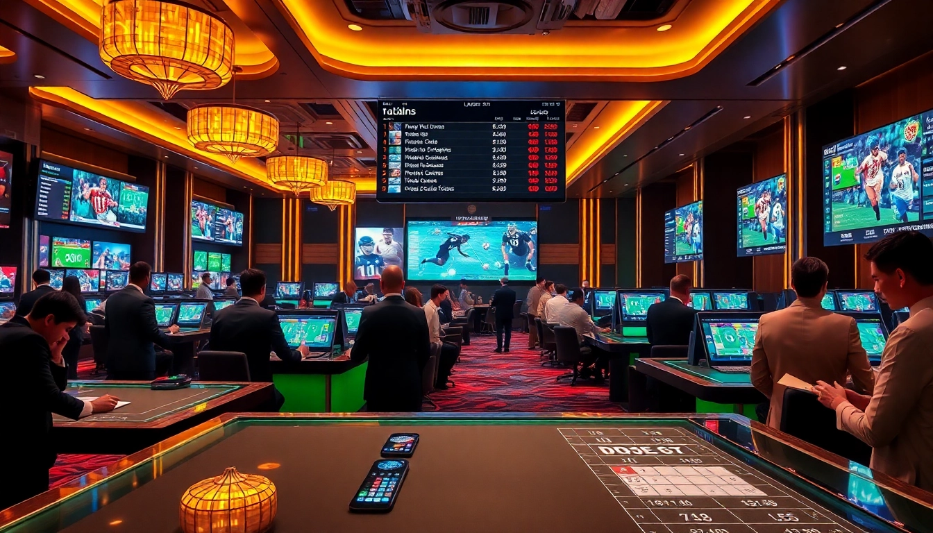 Tỷ lệ kèo nhà cái 5 showcased in a lively sports betting area, highlighting real-time betting odds and engaged gamblers.