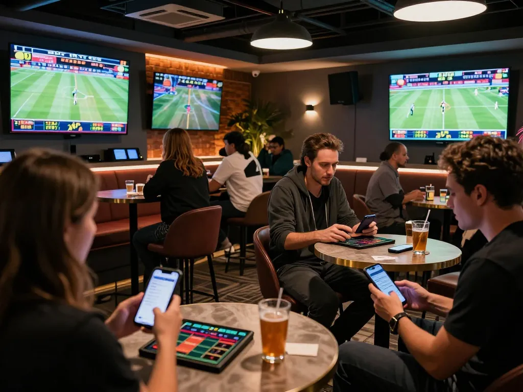 Tỷ lệ kèo nhà cái hôm nay shown on screens in energetic sports betting lounge with patrons engaging.