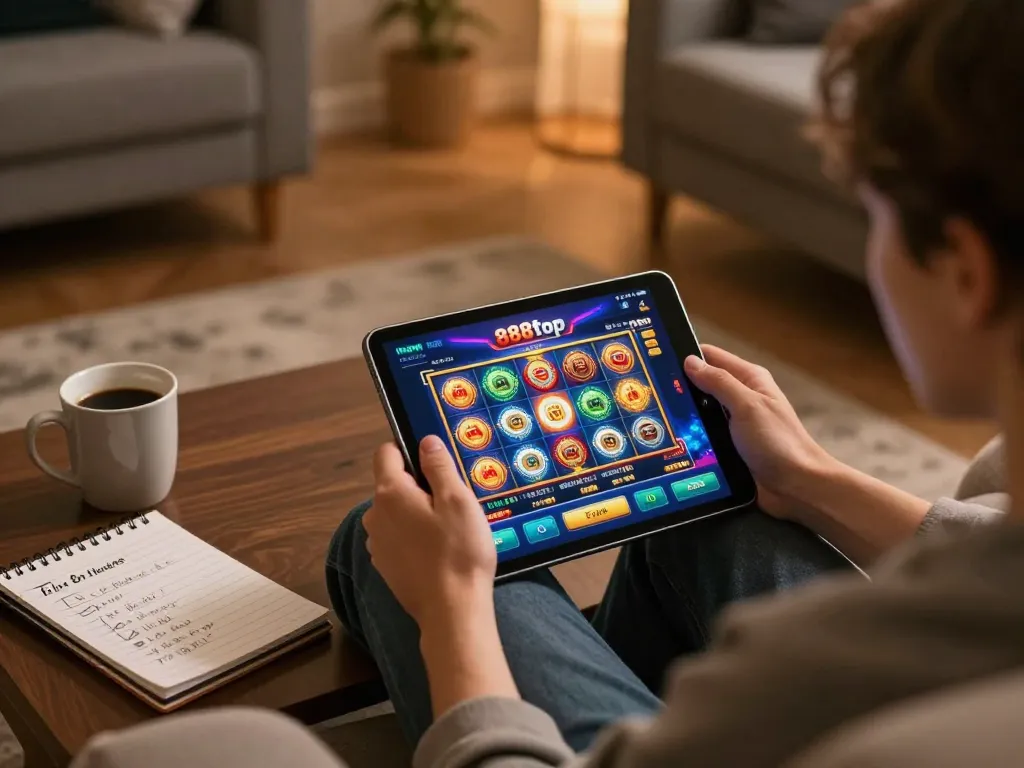 Engaging with 888top casino app, enjoying an online slot game from home with strategy notes.
