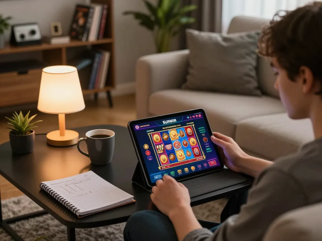 Person engaging with the Sunwin app for online gambling on a stylish tablet at home.