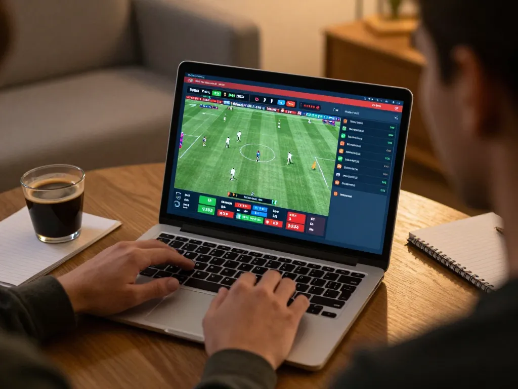 Person analyzing odds and placing bets on keonhacai5 for live sports betting.