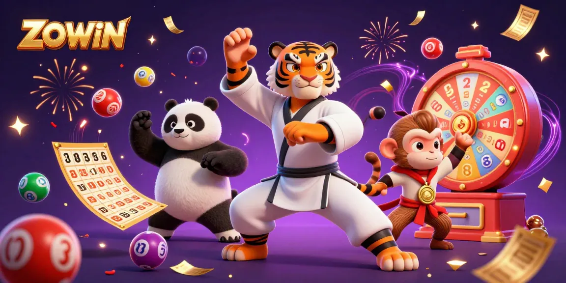 ZOWIN brings excitement with a Kung Fu tiger, panda, and monkey in a vibrant lottery scene.