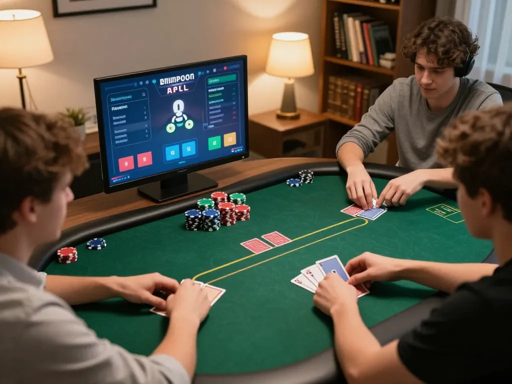 Players in a strategic online poker game at tr88, showcasing cards and chips in a cozy setting.