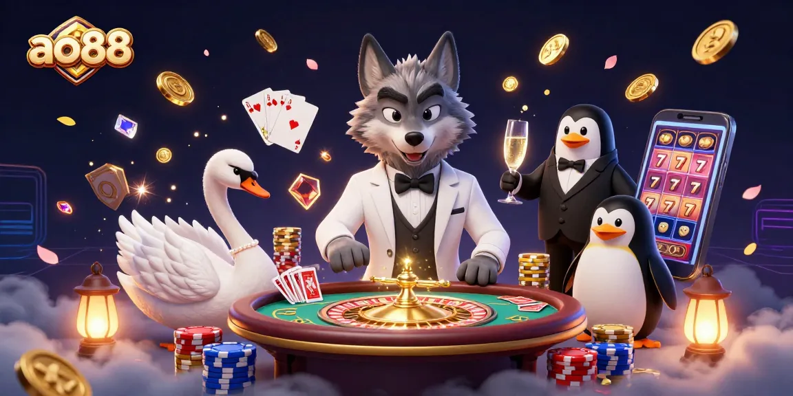 Experience ao88's vibrant casino scene with iconic characters, golden coins, and dazzling game elements.