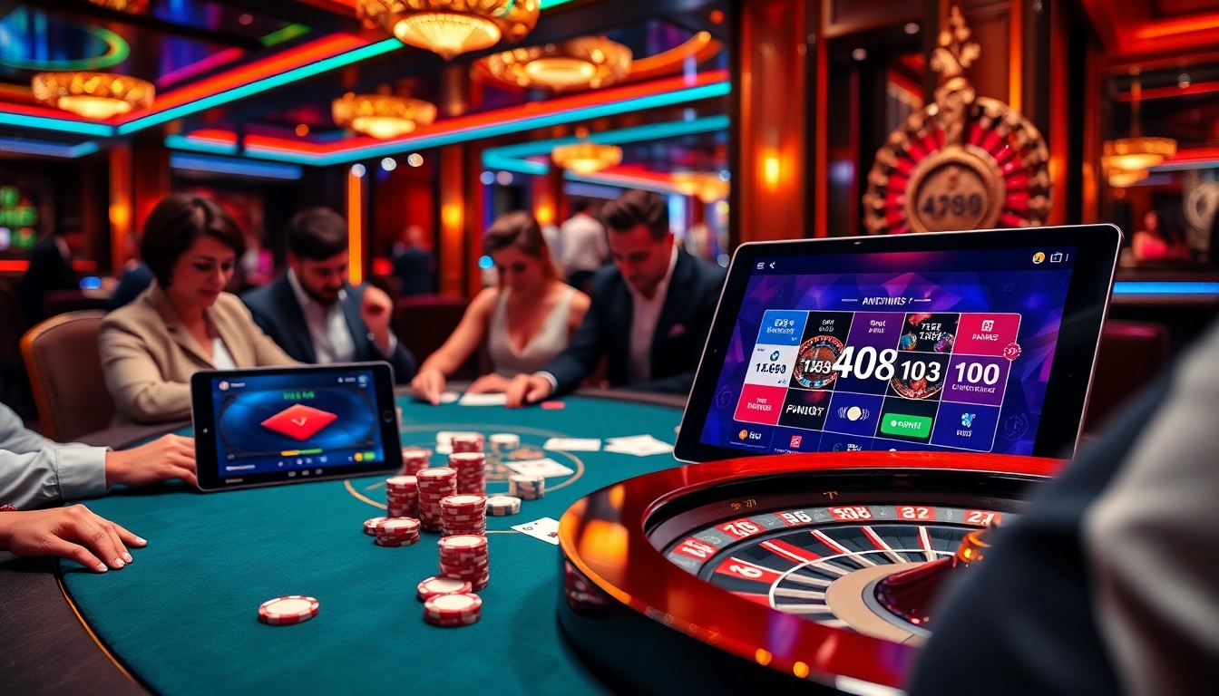 Players enjoying a thrilling poker game at AF88 casino, showcasing excitement and luxury.