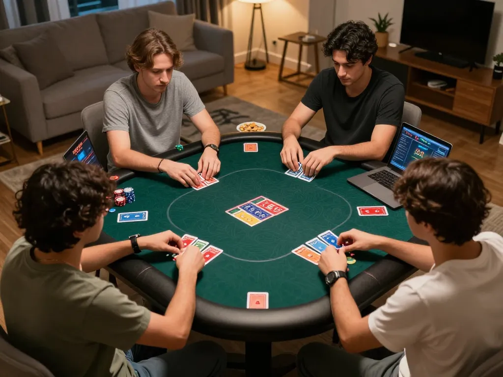 Players engaging in online poker gameplay at home with cm88 com gaming interface visible on laptops, showcasing strategy and excitement.