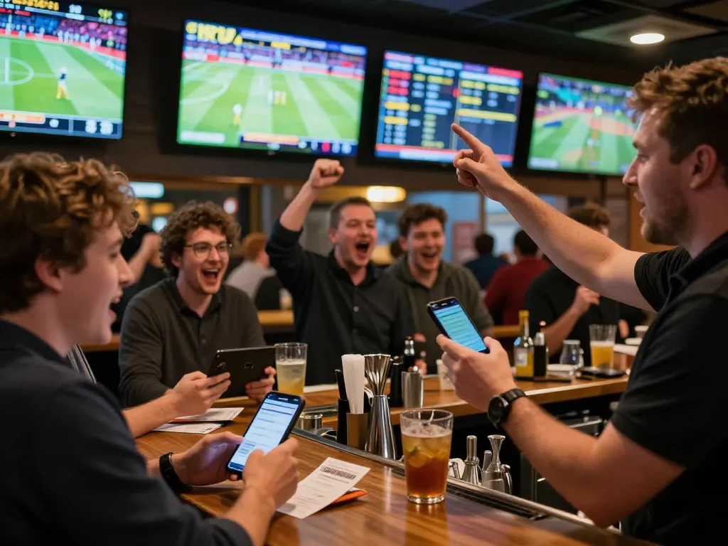 Sports fans engaging in bets at Good88 sports betting venue, showcasing lively camaraderie and excitement.