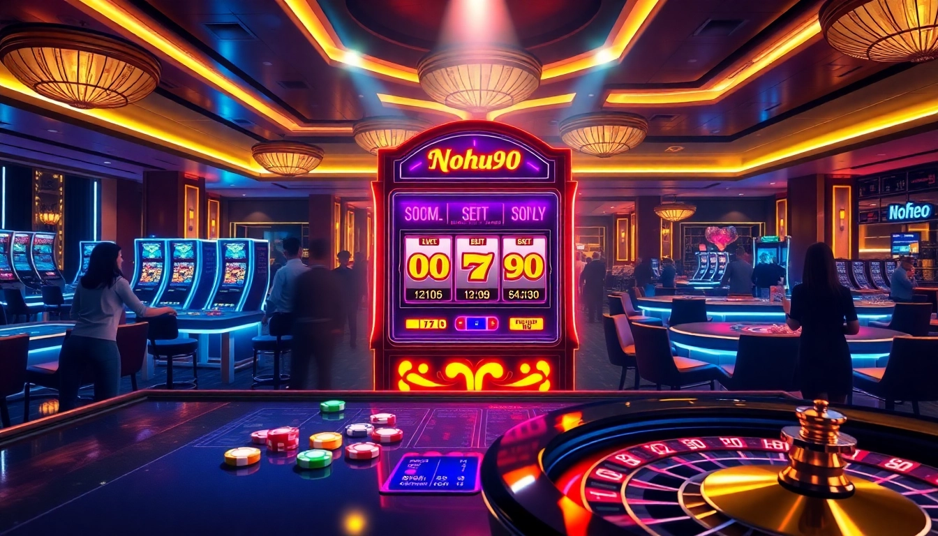Nohu90-themed slot machine in an upscale casino setting with lively atmosphere.