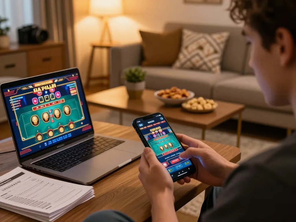 Player enjoying Sunwin mobile casino experience with live dealer game on phone, cozy ambiance