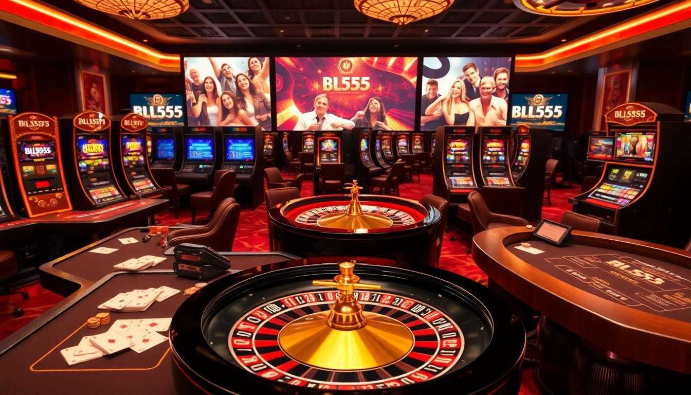 Players engage with thrilling casino games at BL555, showcasing vibrant slots and elegant tables.