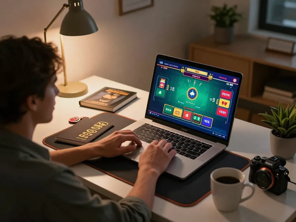 Person playing BL555 online blackjack on a laptop in a stylish home office.