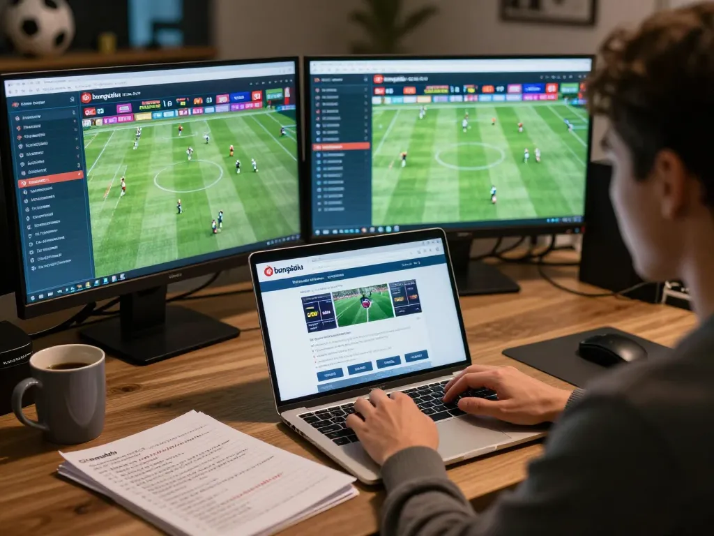 Engaging with bongdalu live scores and betting strategies on a laptop in a modern home office
