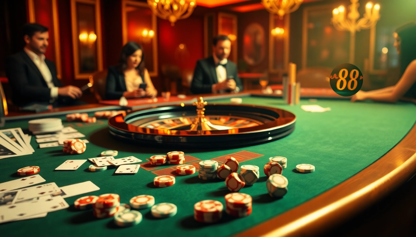 Exciting players strategize at the LC88 casino table with cards and chips.