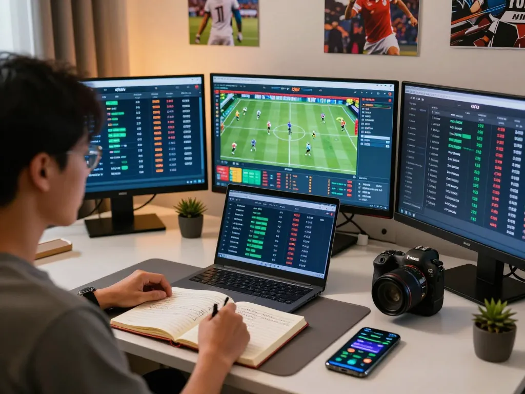 Soi kèo nhà cái scene of a sports bettor analyzing football match odds with multiple screens.