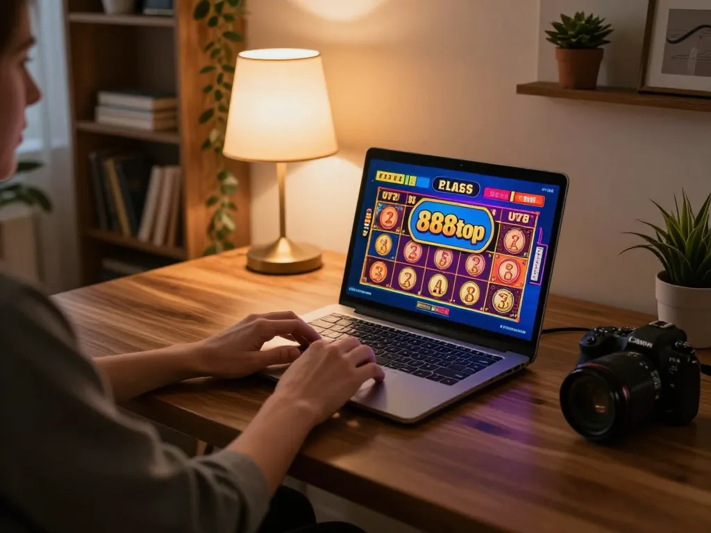 Player engaging with vibrant online slots at 888top, showcasing a cozy gaming atmosphere.