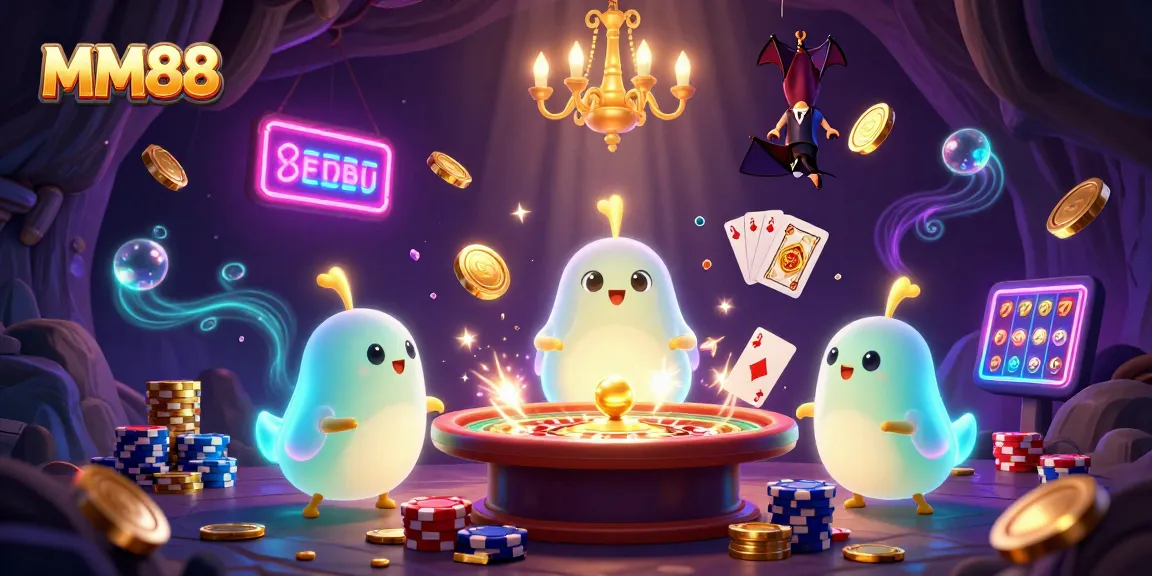 MM88 illuminates a vibrant casino scene with glowworms and dazzling game elements, creating excitement.