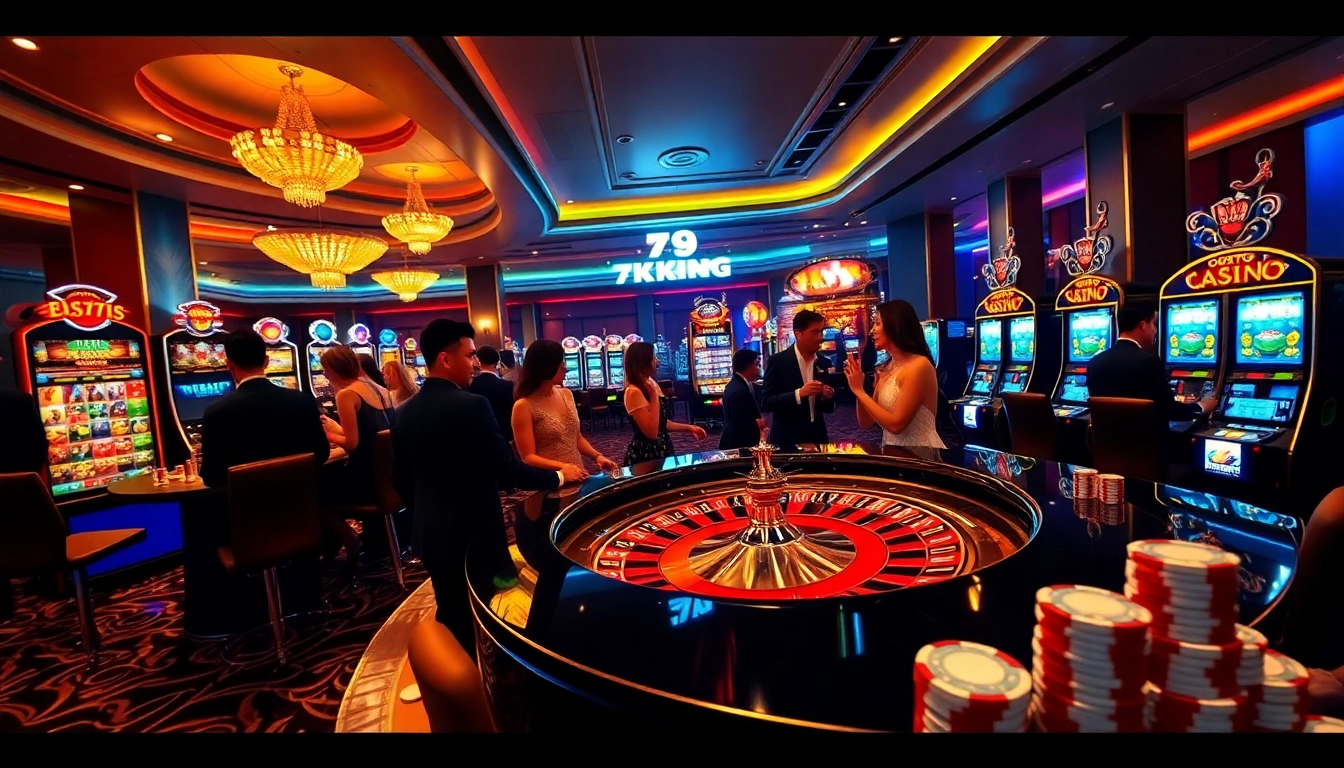 Exciting gameplay at 79KING Casino with people betting on roulette and slot machines.
