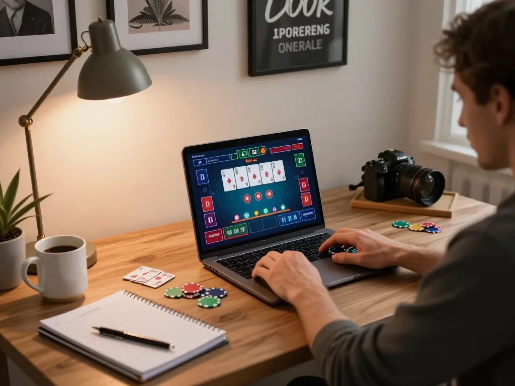 Player strategizing winning moves on go8's online poker platform in a cozy home office setting.