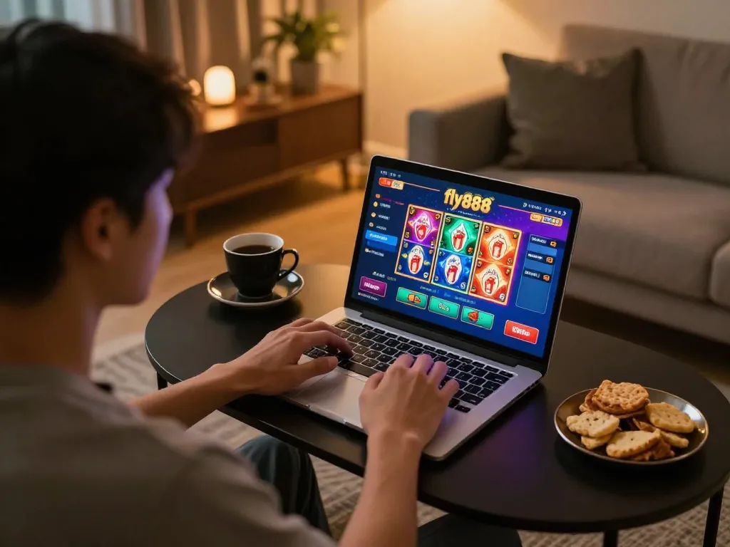 Person playing online casino games on a laptop with fly888 interface, relaxed home atmosphere.