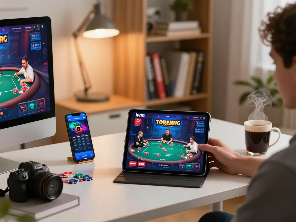Engaging moment of a player enjoying iwin casino games on a tablet in a cozy home office, showcasing strategic gameplay.
