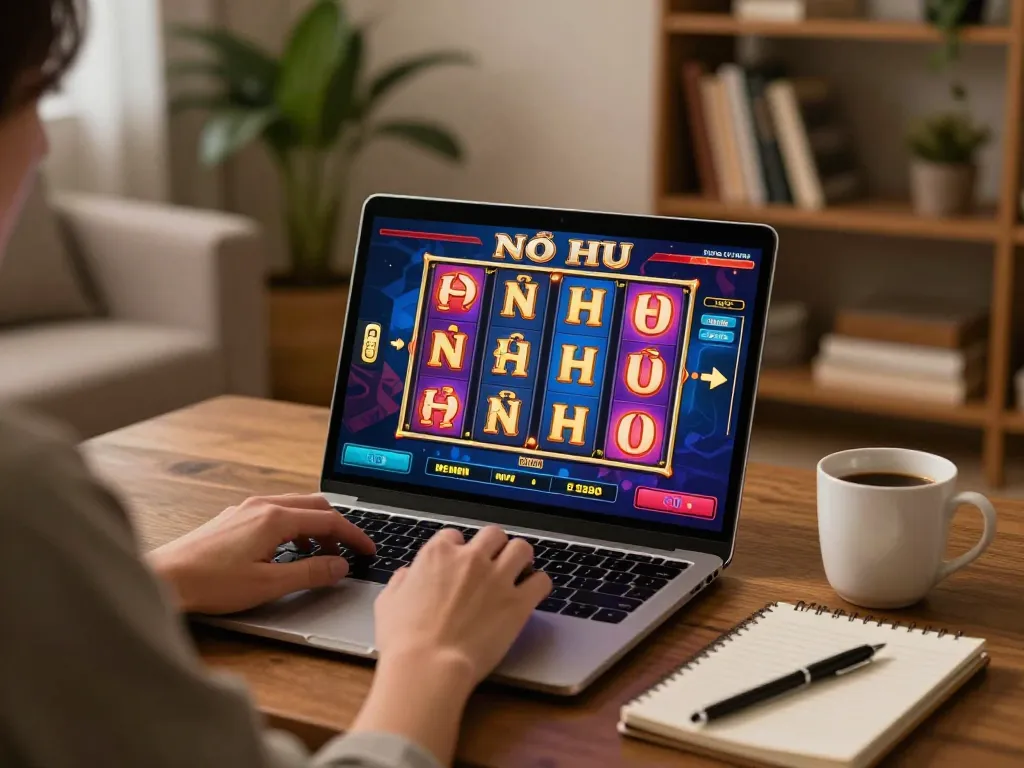 NỔ HŨ gameplay on a laptop in a cozy home setting, illustrating online casino experience.
