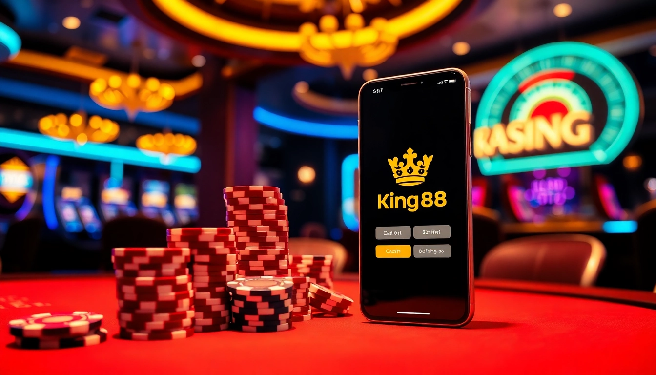 Rút tiền King88 interface displayed on a smartphone with poker chips in a vibrant casino setting.