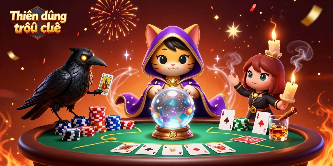 Experience the magic of Thiên đường trò chơi with a vivid poker scene of fortune teller and raven, showcasing excitement and strategy.