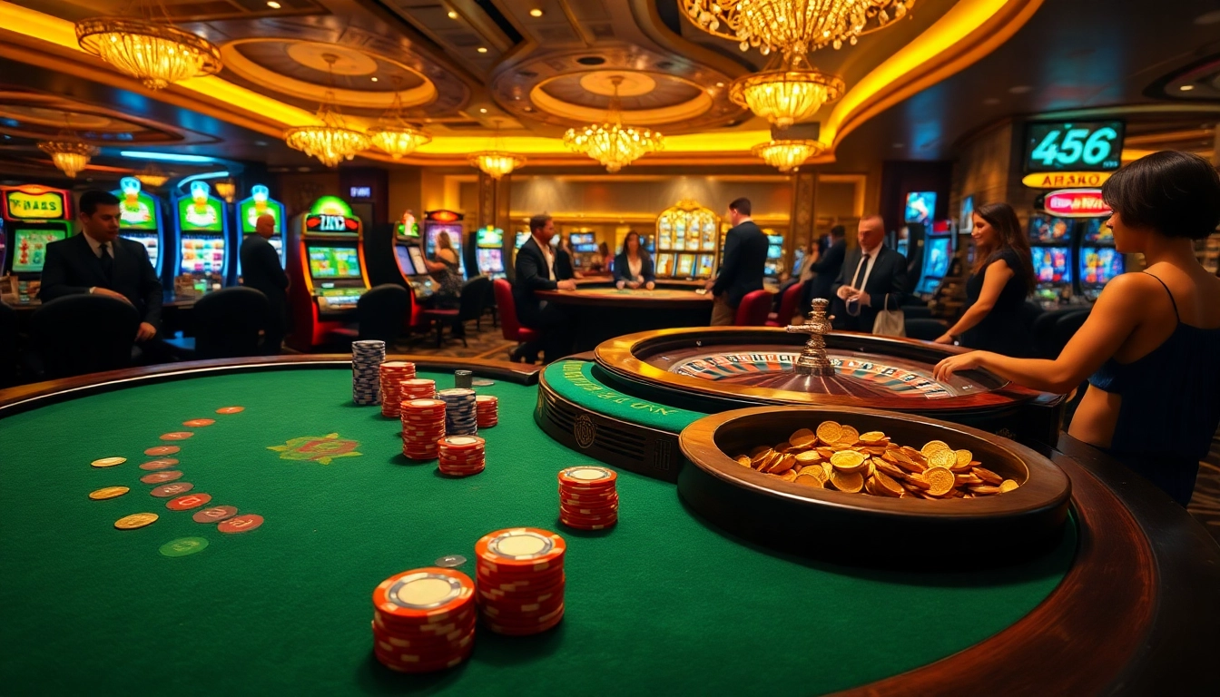 Players strategizing at a blackjack table in a luxurious casino environment, showcasing hm88 excitement.