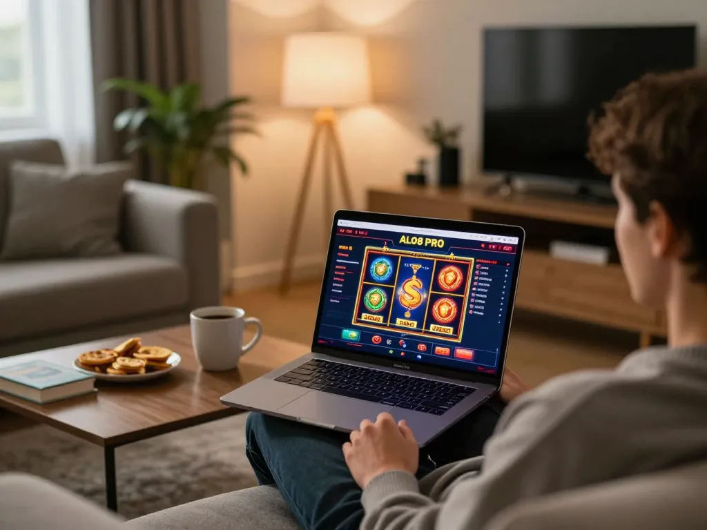 Engaging in ALO8 PRO online casino gaming on a cozy home setup with vibrant visuals