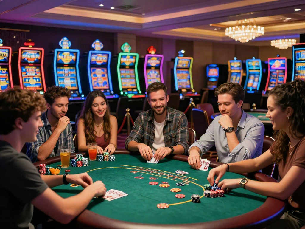 Friends experiencing the thrill of the 78win casino at a lively poker table.