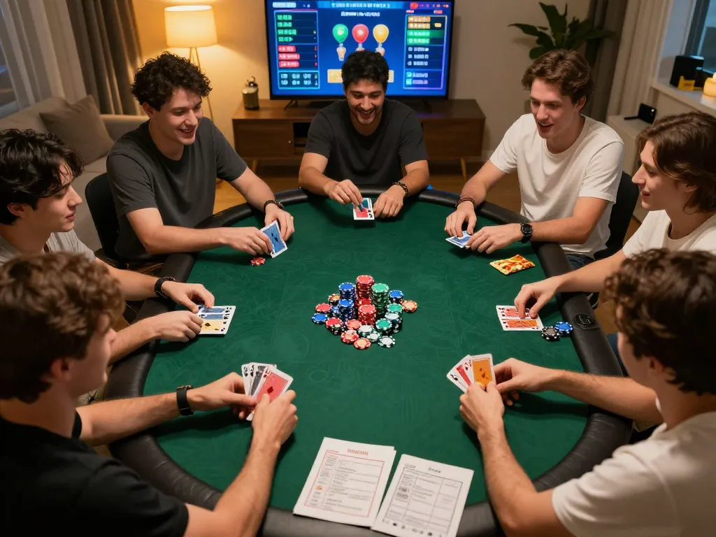 Players enjoying an exciting online poker game with HM88 on their devices, chips and cards visible in a warm living room setting.