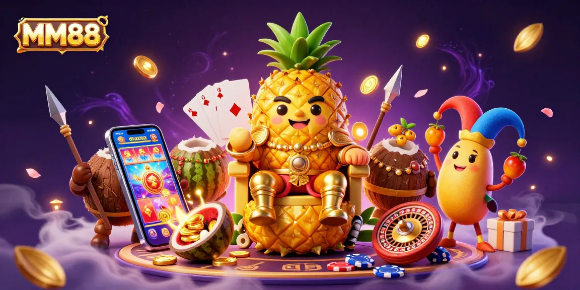 Experience the thrilling adventures of MM88 with a vibrant casino illustration featuring a pineapple king and dynamic gaming elements.