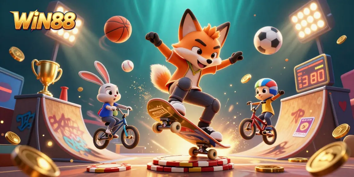 WIN88 showcases a 3D cartoon skateboarder fox and BMX-riding rabbit in a vibrant casino-themed scene.