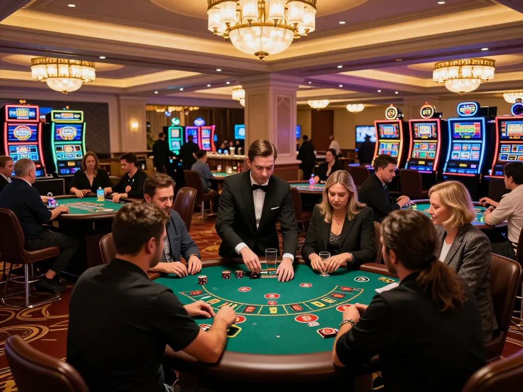 Players enjoying blackjack at F8BET's luxurious casino, vibrant atmosphere, and professional gaming.