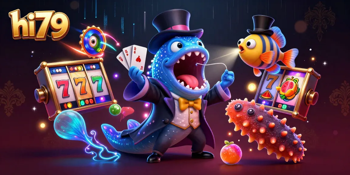 hi79 showcases a vibrant casino scene with deep-sea creatures engaging in thrilling card tricks amidst slot machines.