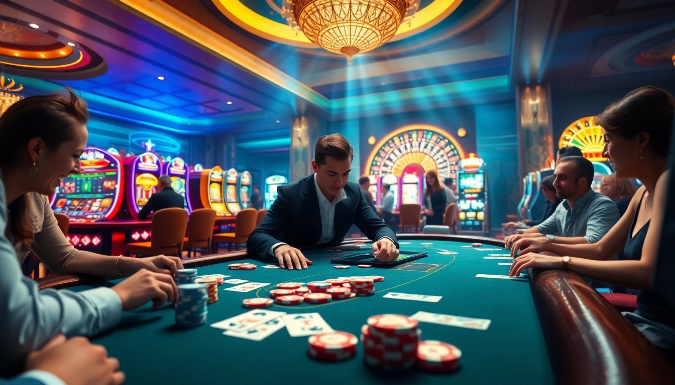A dynamic online gambling scene at https://xx88.host featuring players at a poker table and a roulette wheel.