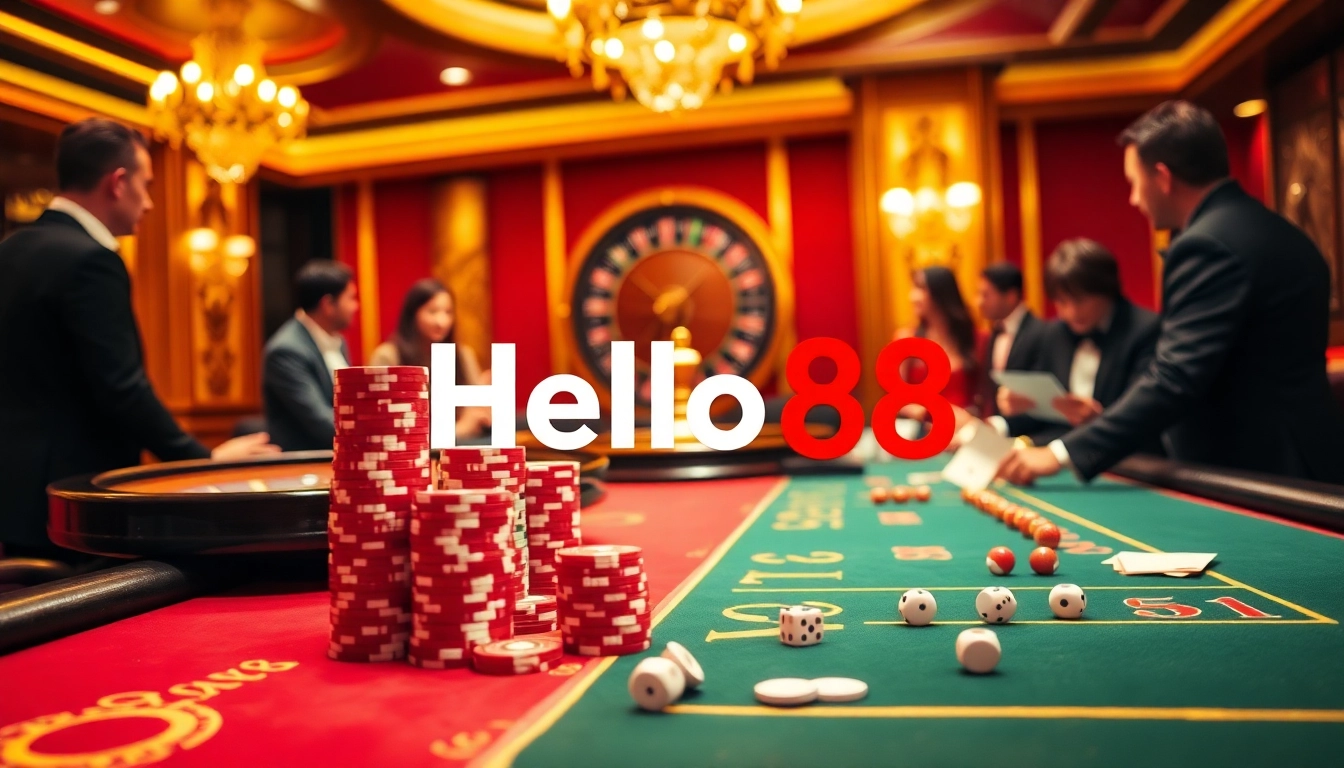 Experience the thrilling atmosphere of Hello88 with players engaging at a high-stakes poker table.