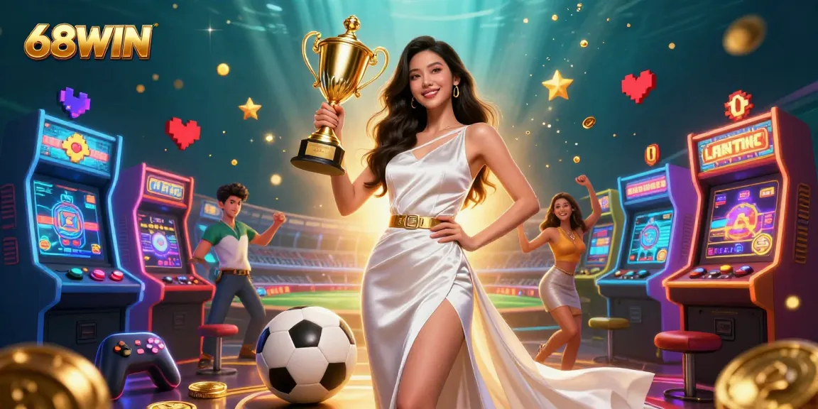Engage with thrilling games at 68WIN with vibrant arcade machines and exciting sports elements.
