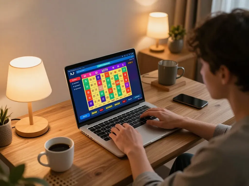 Engaged player enjoying lô đề hôm nay on a laptop in a cozy home setting.