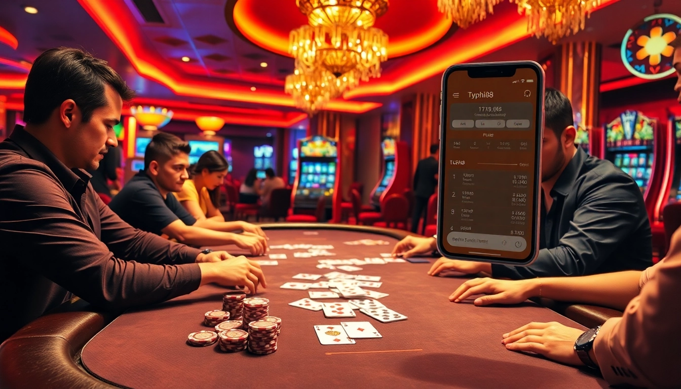 Engaged players enjoy exciting games at Typhu88's luxurious casino, featuring vibrant chips and cards.