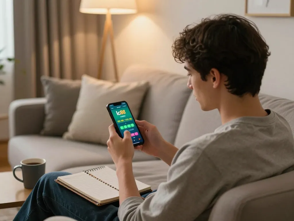 Engaging in lc88 casino gameplay on mobile while enjoying a cozy home atmosphere and strategic approach.